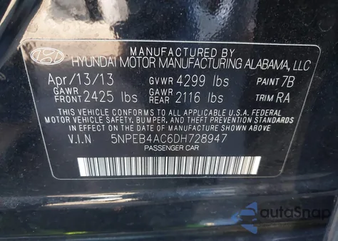 2013 Hyundai Sonata Gls from USA, damaged, VIN 5NPEB4AC6DH728947